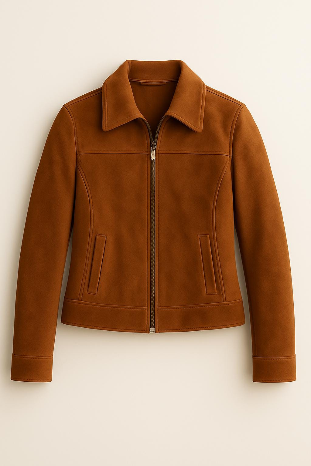 Women’s Camel Suede Leather Jacket – Classic Zip Front, Tailored Fit, Handmade Genuine Suede Outerwear