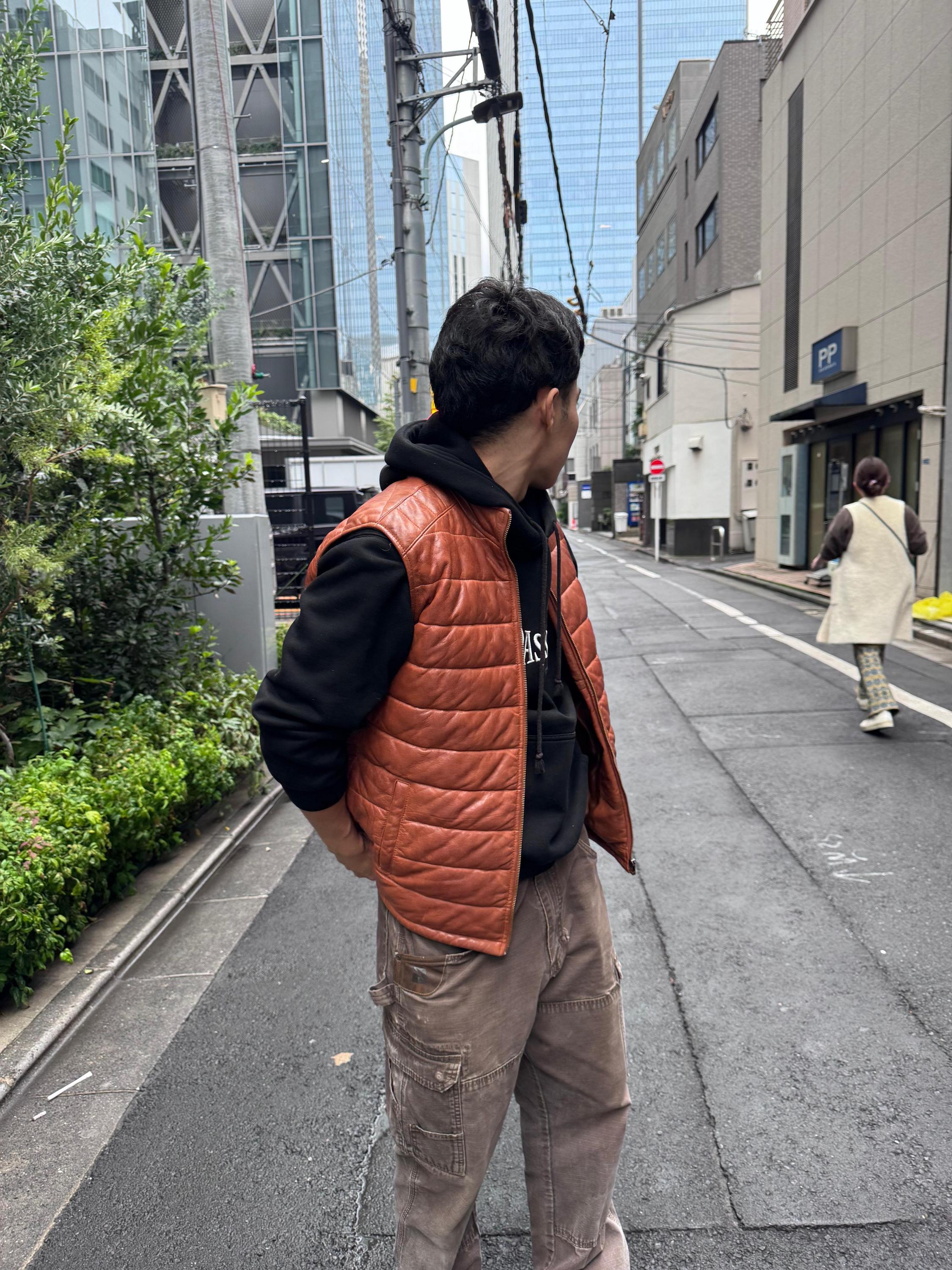 Brown Sheepskin Leather Puffer Vest, Quilted Texture