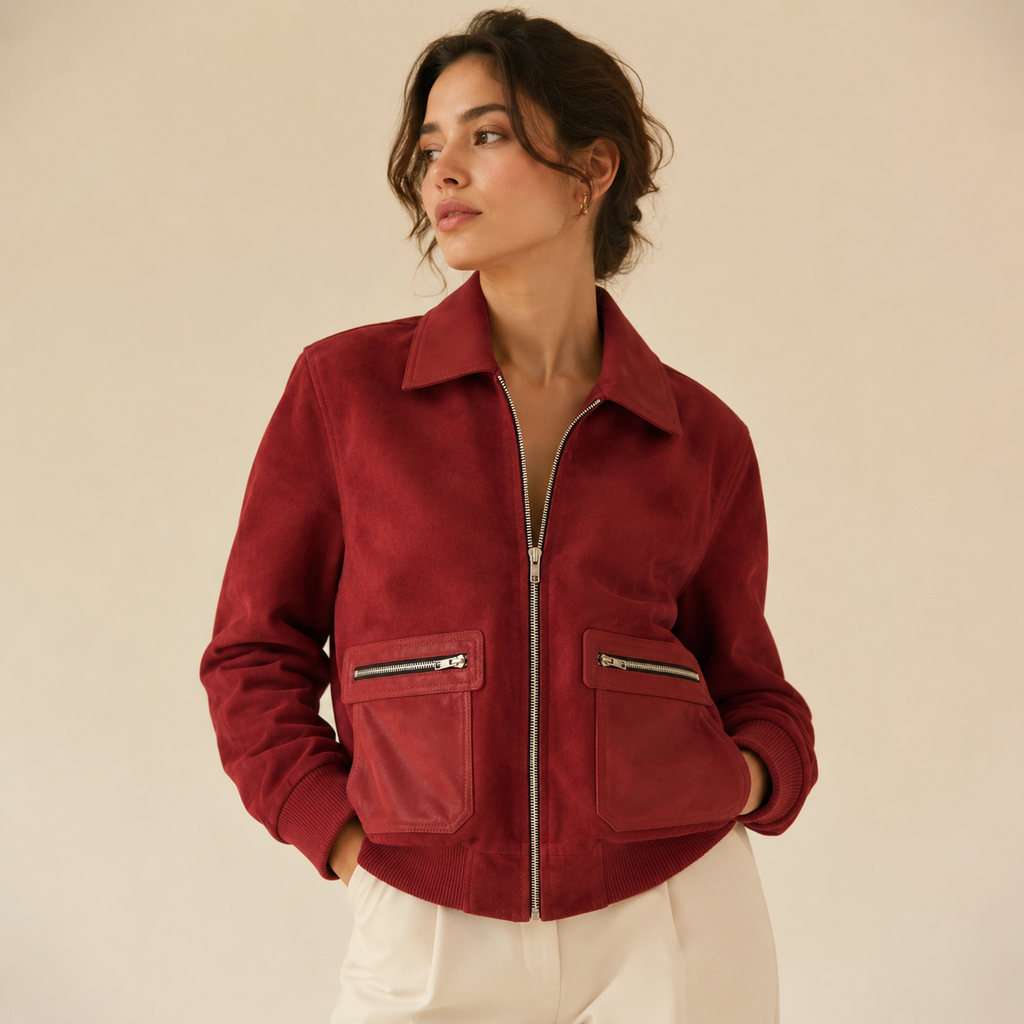 Burgundy Suede Bomber Jacket Women | Leather Collar Pockets | Minimalist Luxury Style