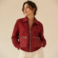 Burgundy Suede Bomber Jacket Women | Leather Collar Pockets | Minimalist Luxury Style