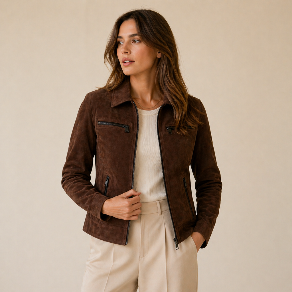 Elegant Chocolate Brown Suede Jacket for Women in European Street Style