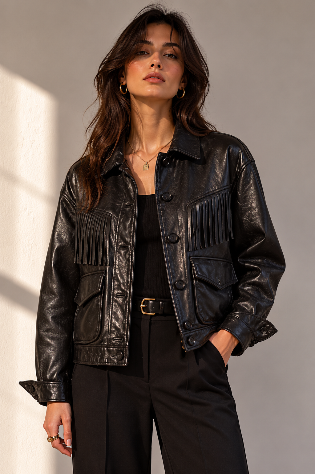 Black Fringe Leather Jacket | Women's Genuine Leather Street Style