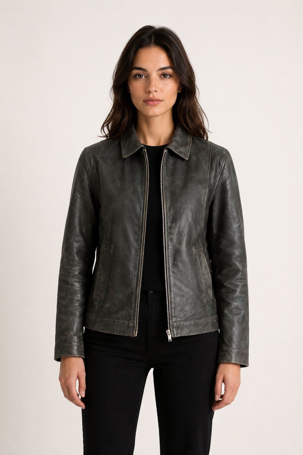 Distressed Leather Bomber Jacket – Women's Vintage Cropped Green Coat