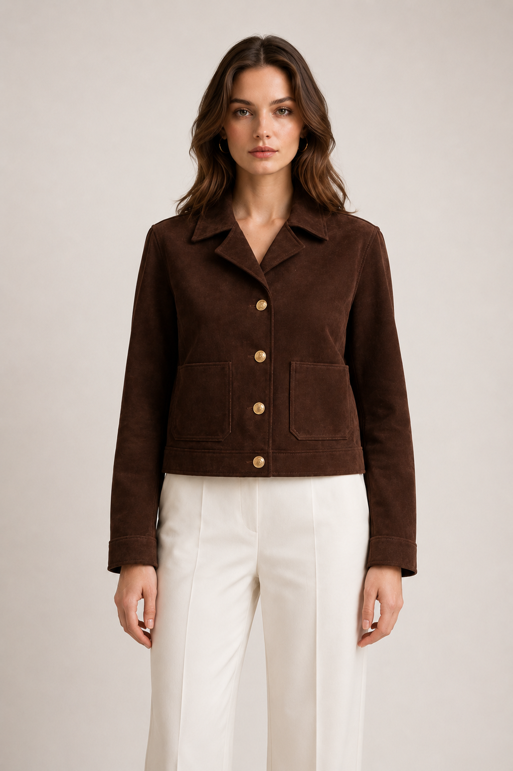 Chocolate Brown Suede Jacket for Women | Classic Button Front Leather Jacket