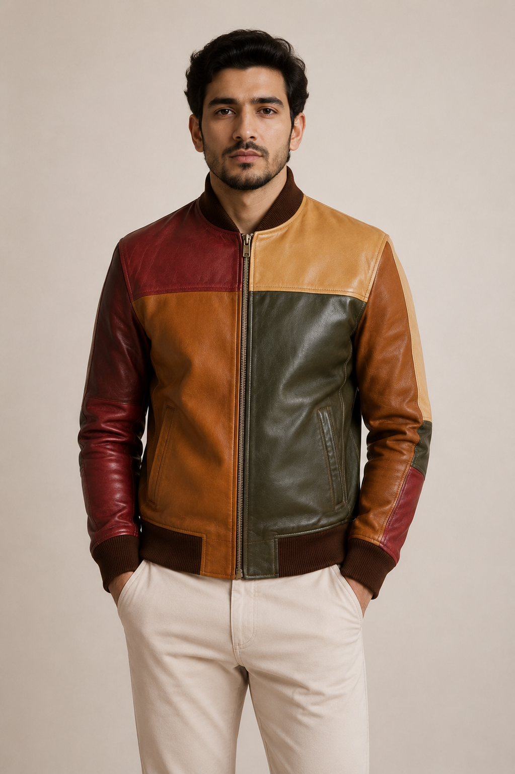 Handmade Patchwork Leather Bomber Jacket: Vintage Style Retro Outerwear