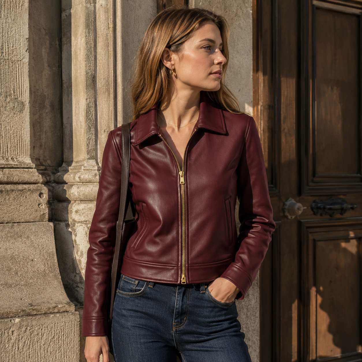 Burgundy Leather Bomber Jacket – Women's Slim Fit, Gold Zipper