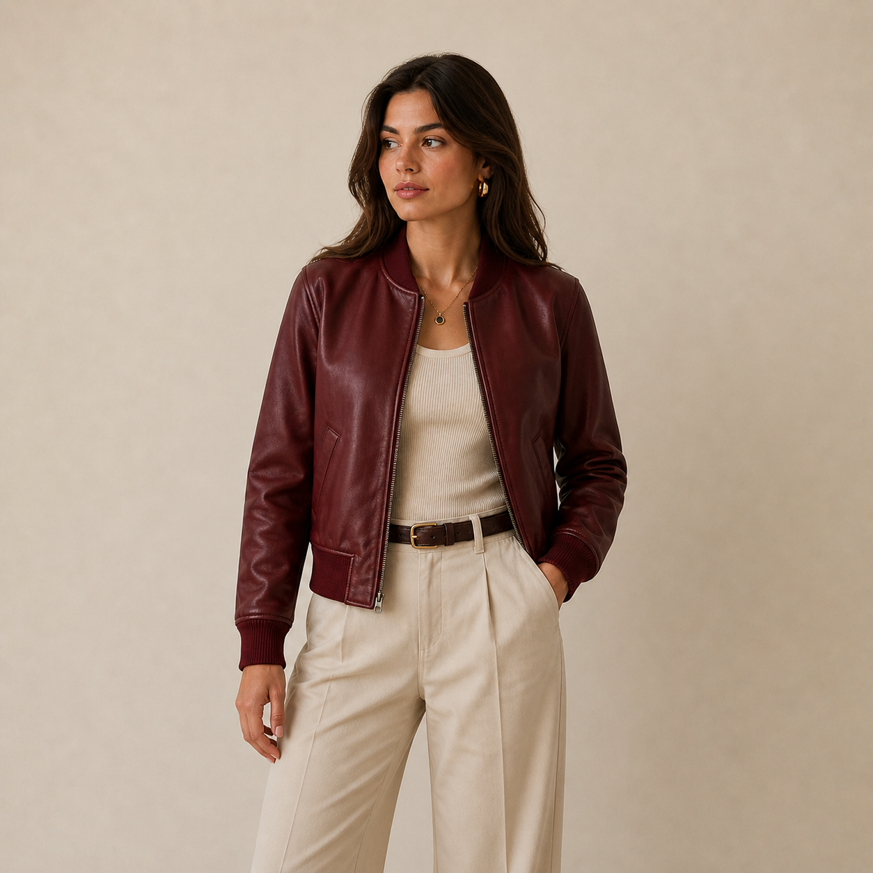 Burgundy Sheep Leather Bomber Jacket - Women's Lambskin Outerwear