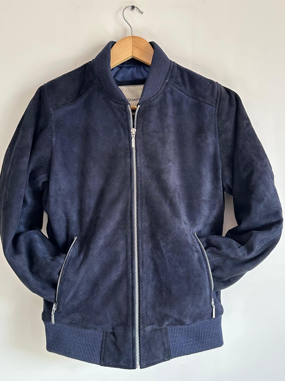 Chic Navy Blue Suede Bomber Jacket Styled in Paris