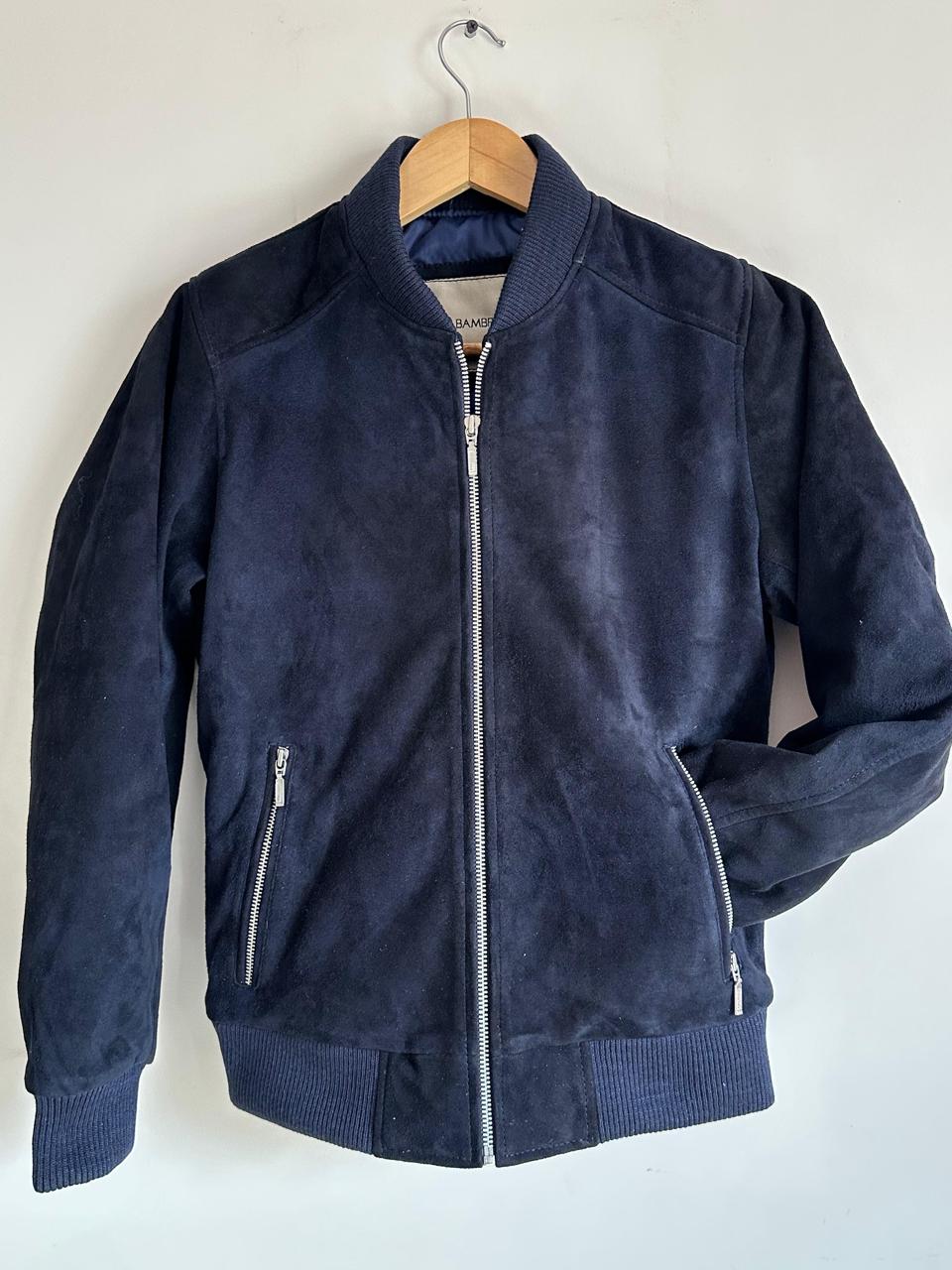 Chic Navy Blue Suede Bomber Jacket Styled in Paris