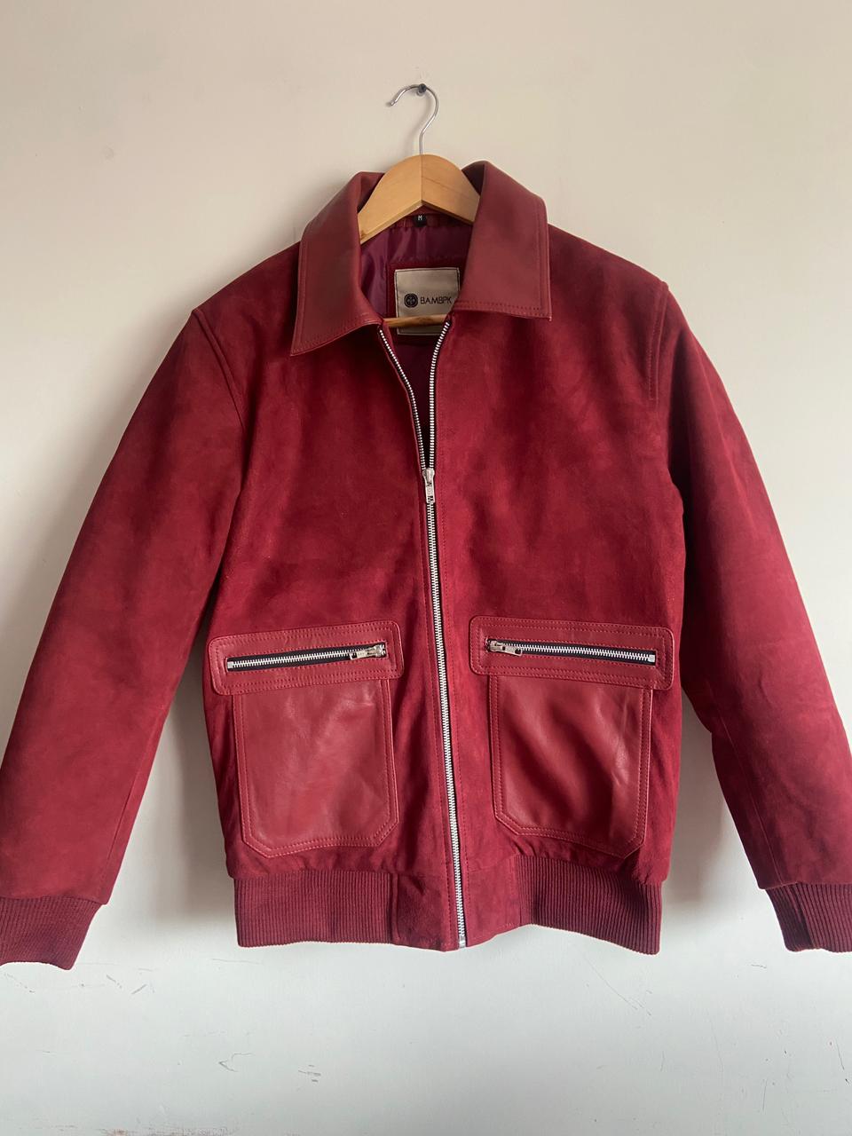 Burgundy Suede Bomber Jacket Women | Leather Collar Pockets | Minimalist Luxury Style