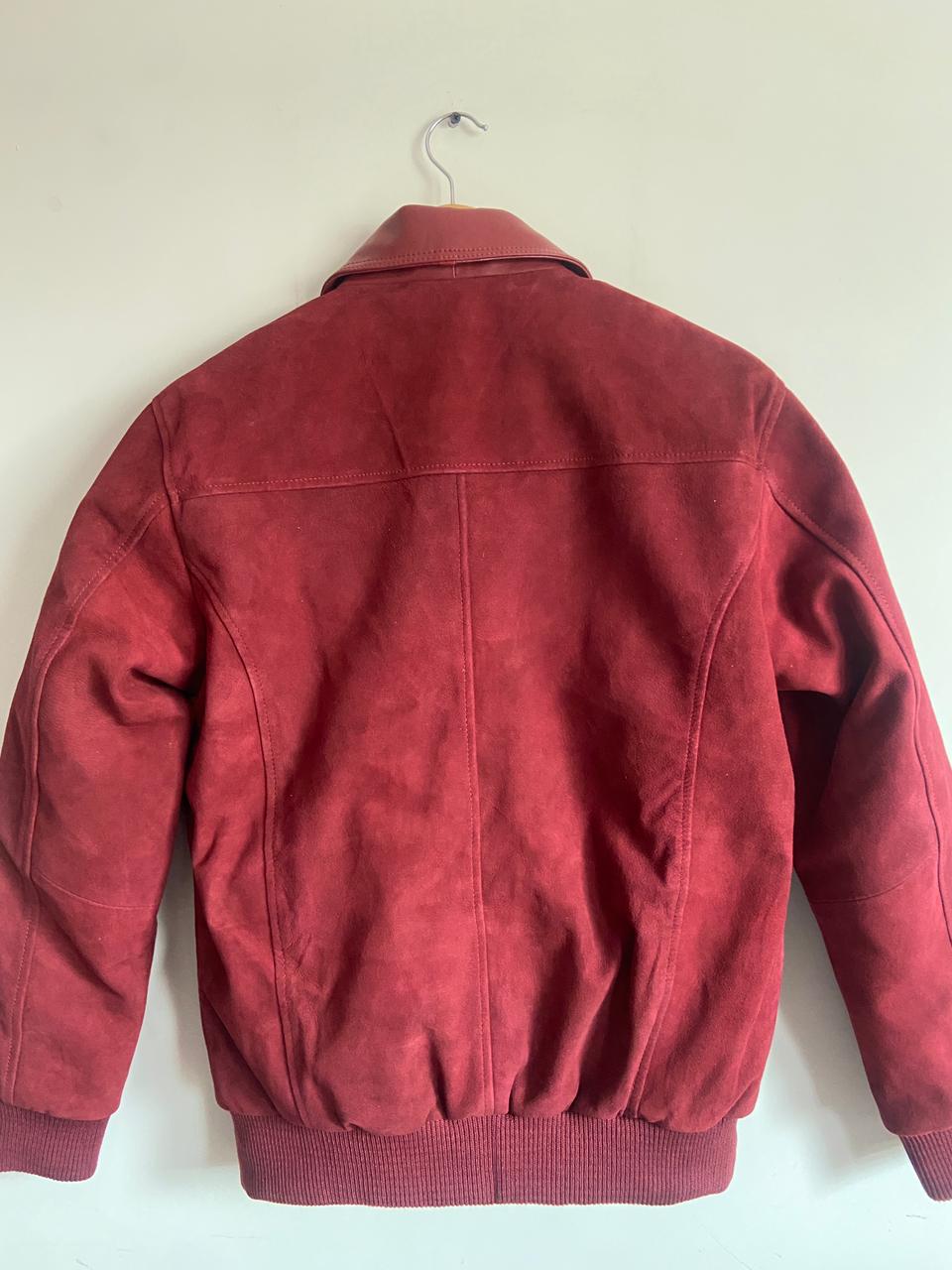 Burgundy Suede Bomber Jacket Women | Leather Collar Pockets | Minimalist Luxury Style
