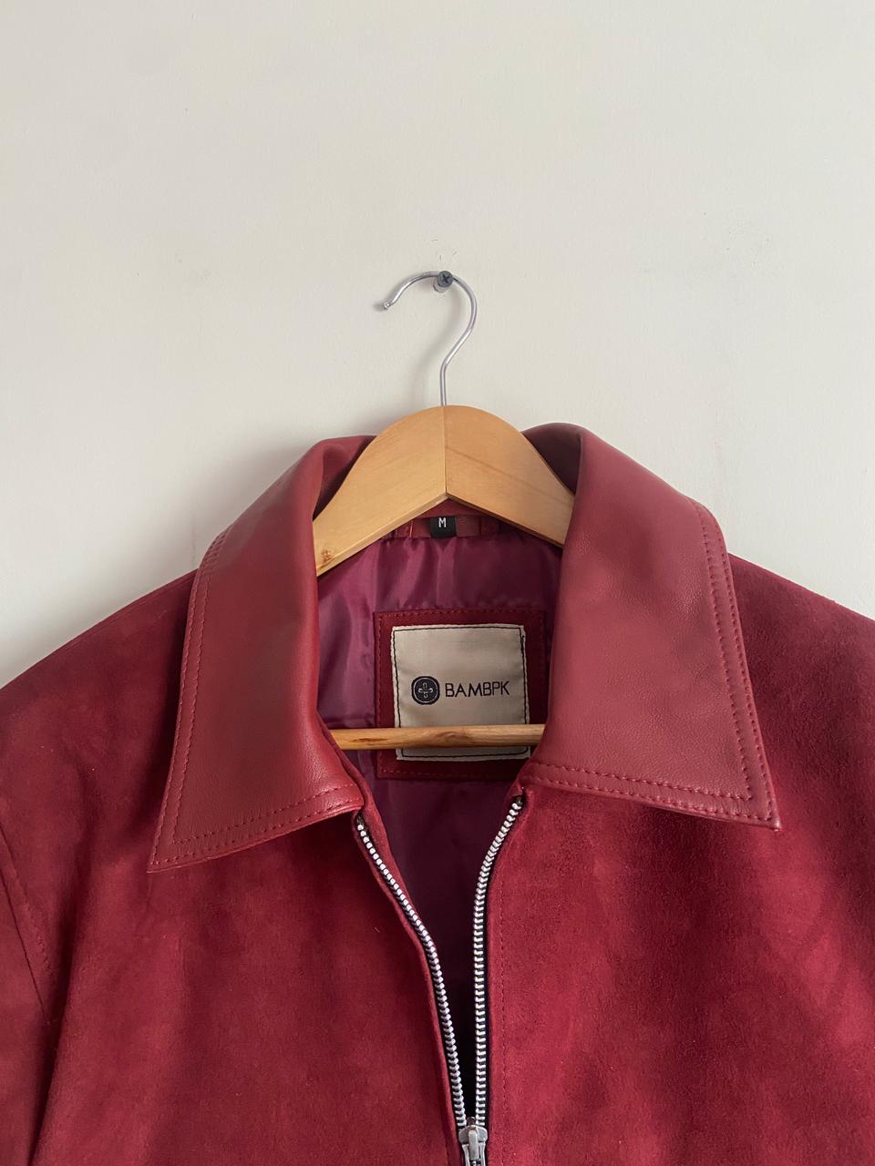 Burgundy Suede Bomber Jacket Women | Leather Collar Pockets | Minimalist Luxury Style