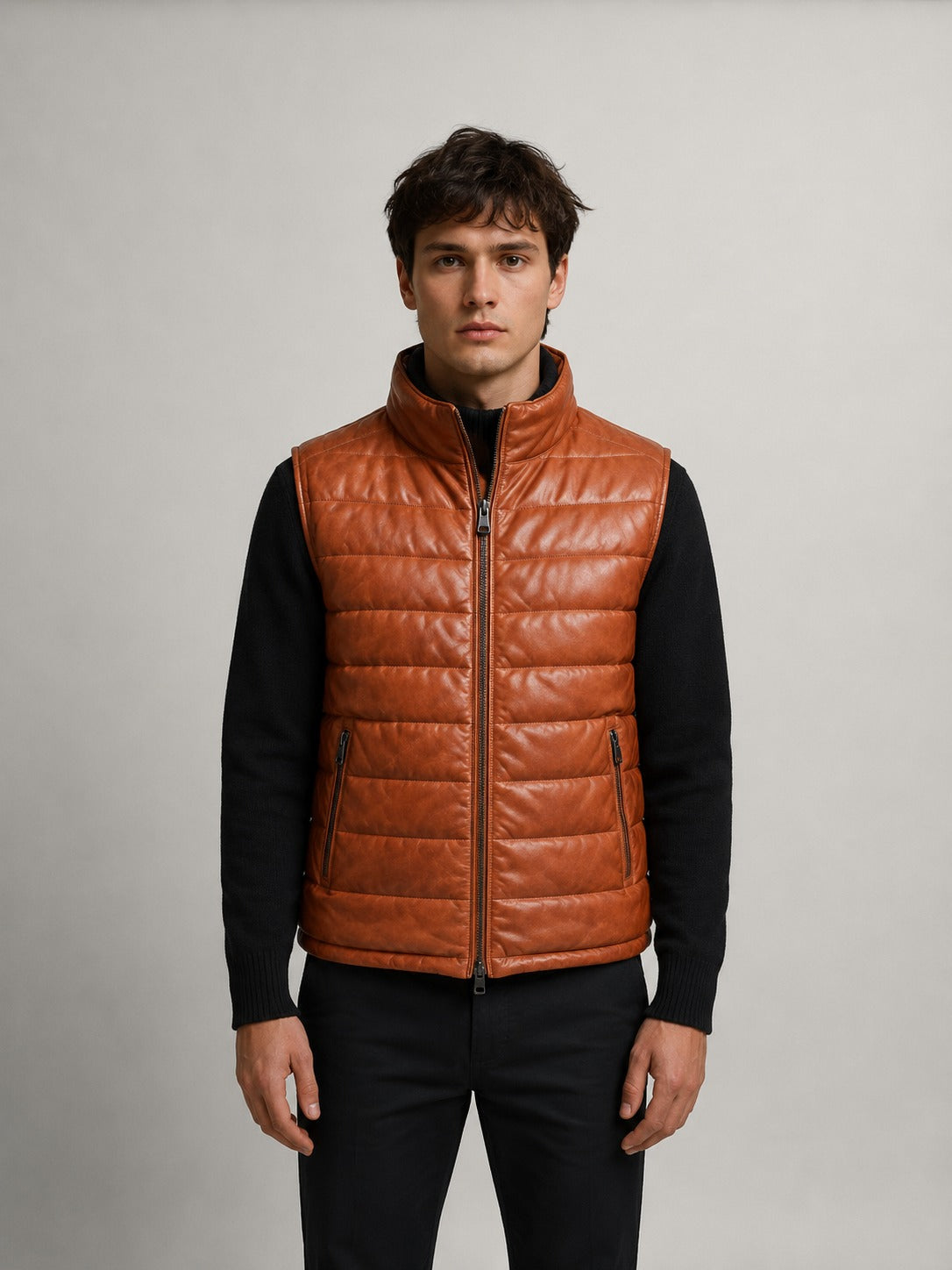 Brown Sheepskin Leather Puffer Vest, Quilted Texture