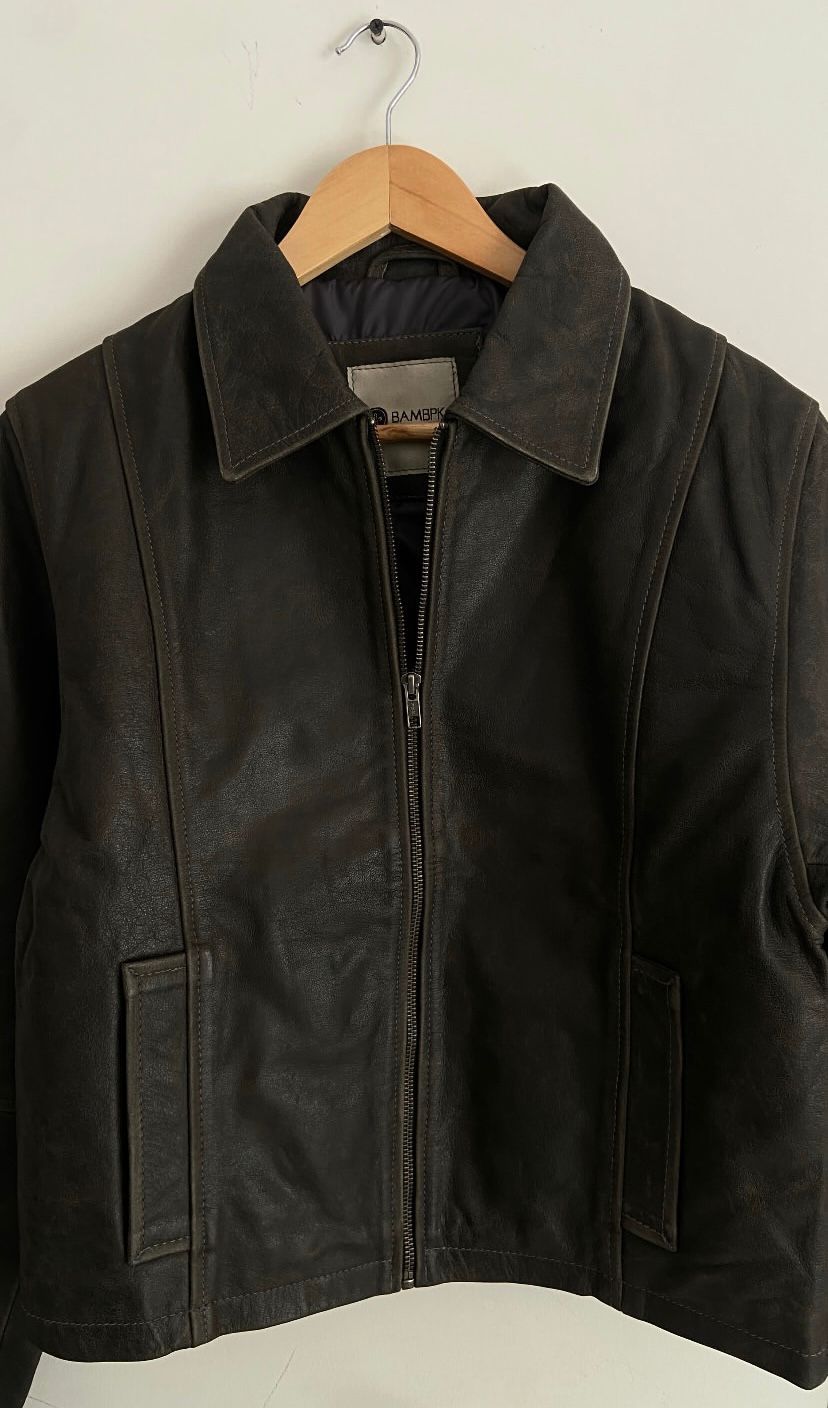 Distressed Leather Bomber Jacket – Women's Vintage Cropped Green Coat