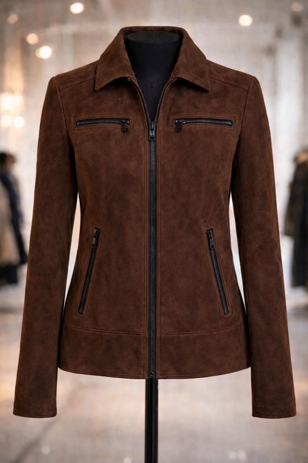 Elegant Chocolate Brown Suede Jacket for Women in European Street Style