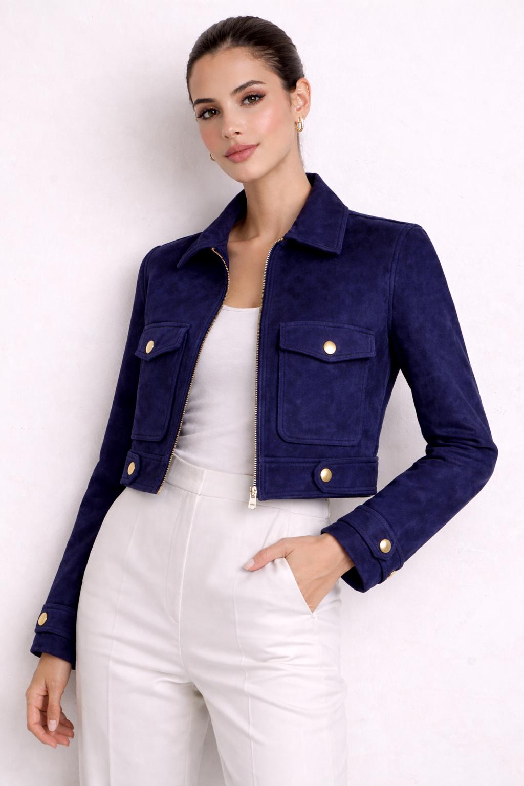Midnight Blue Suede Cropped Jacket – Women's Designer Leather Coat