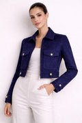 Midnight Blue Suede Cropped Jacket – Women's Designer Leather Coat