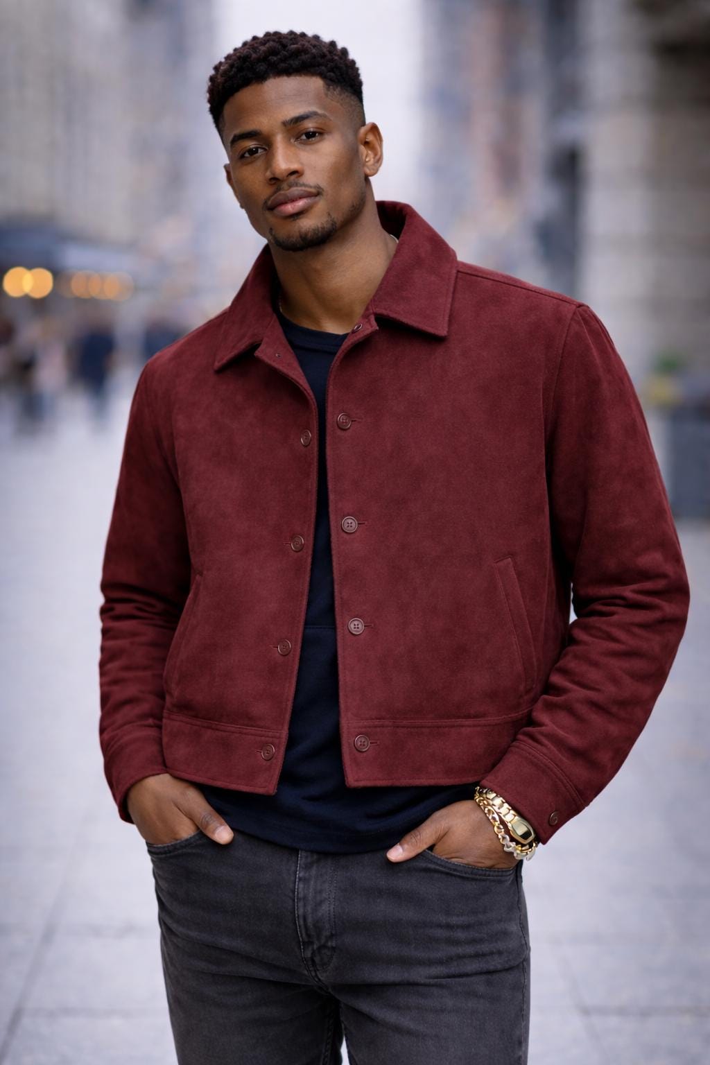 Confident Style in Burgundy: Suede Jacket