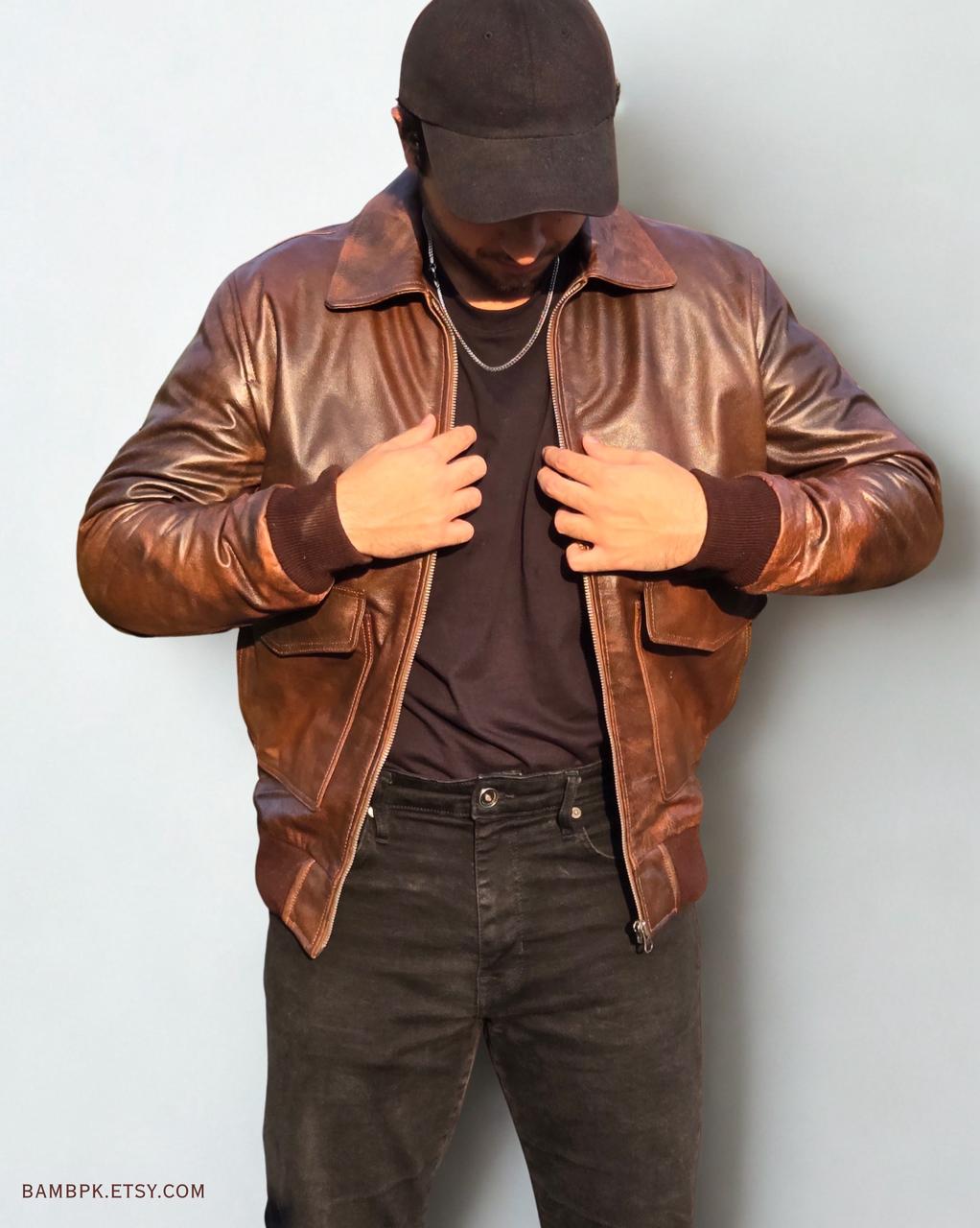Men's Antique Brown Leather Bomber Jacket: Handmade Vintage Flight Jacket