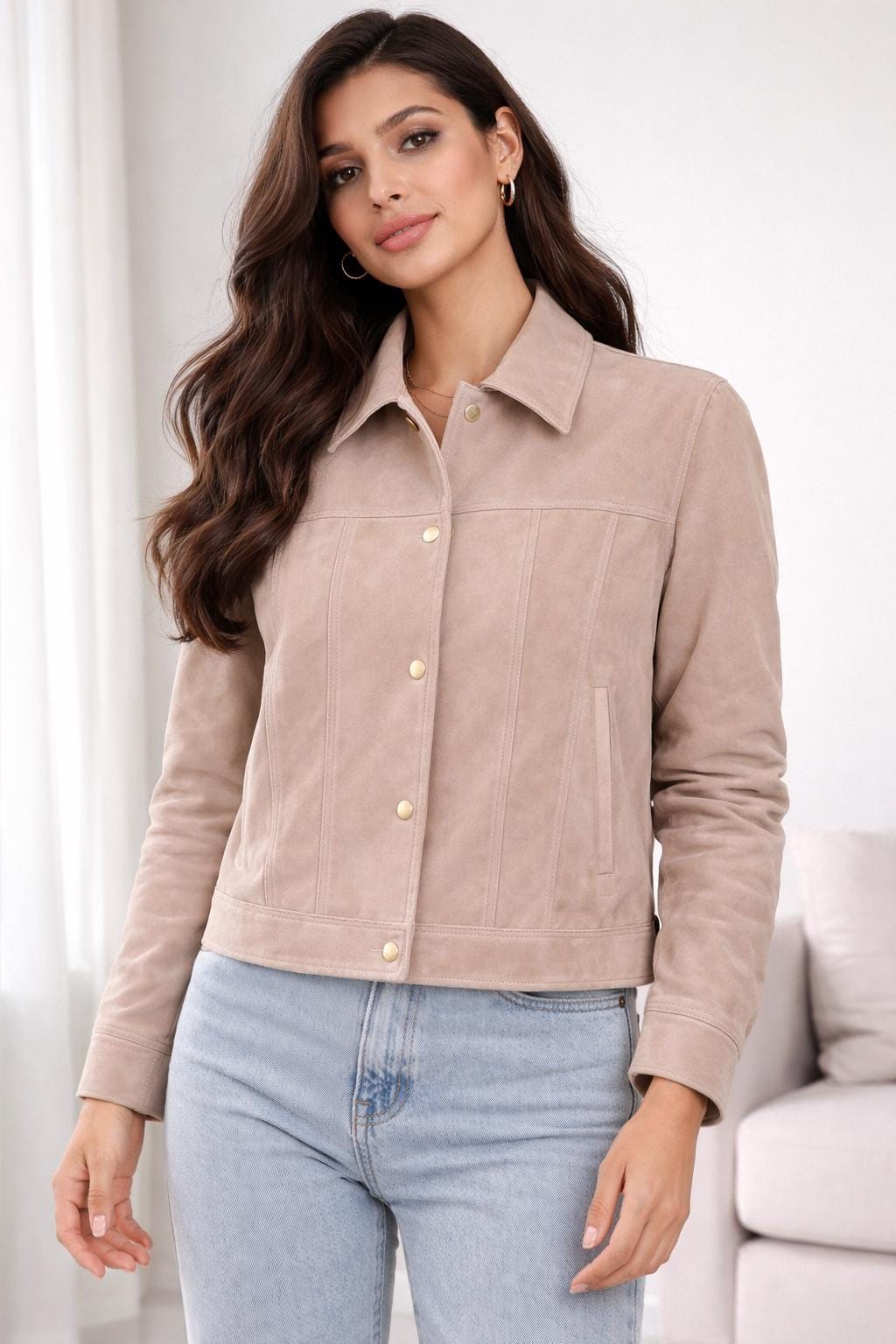 Beige Suede Women’s Jacket – Minimalist Designer Leather Jacket