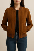 Ladies Camel Brown Suede Bomber Jacket – Classic Chic with Timeless Comfort