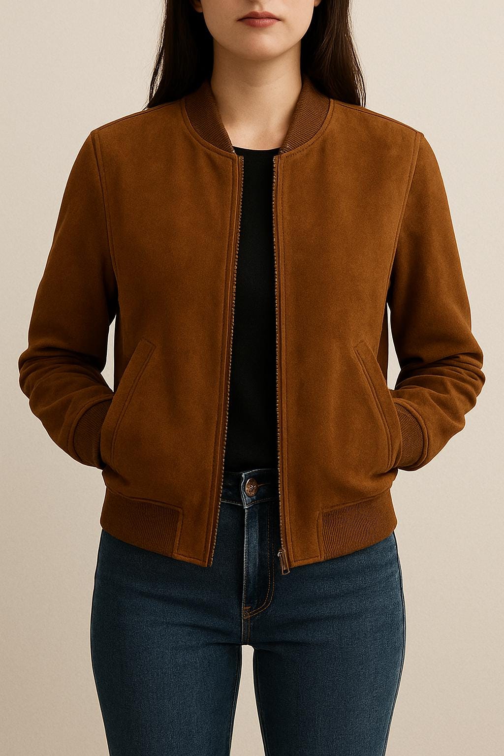Ladies Camel Brown Suede Bomber Jacket – Classic Chic with Timeless Comfort