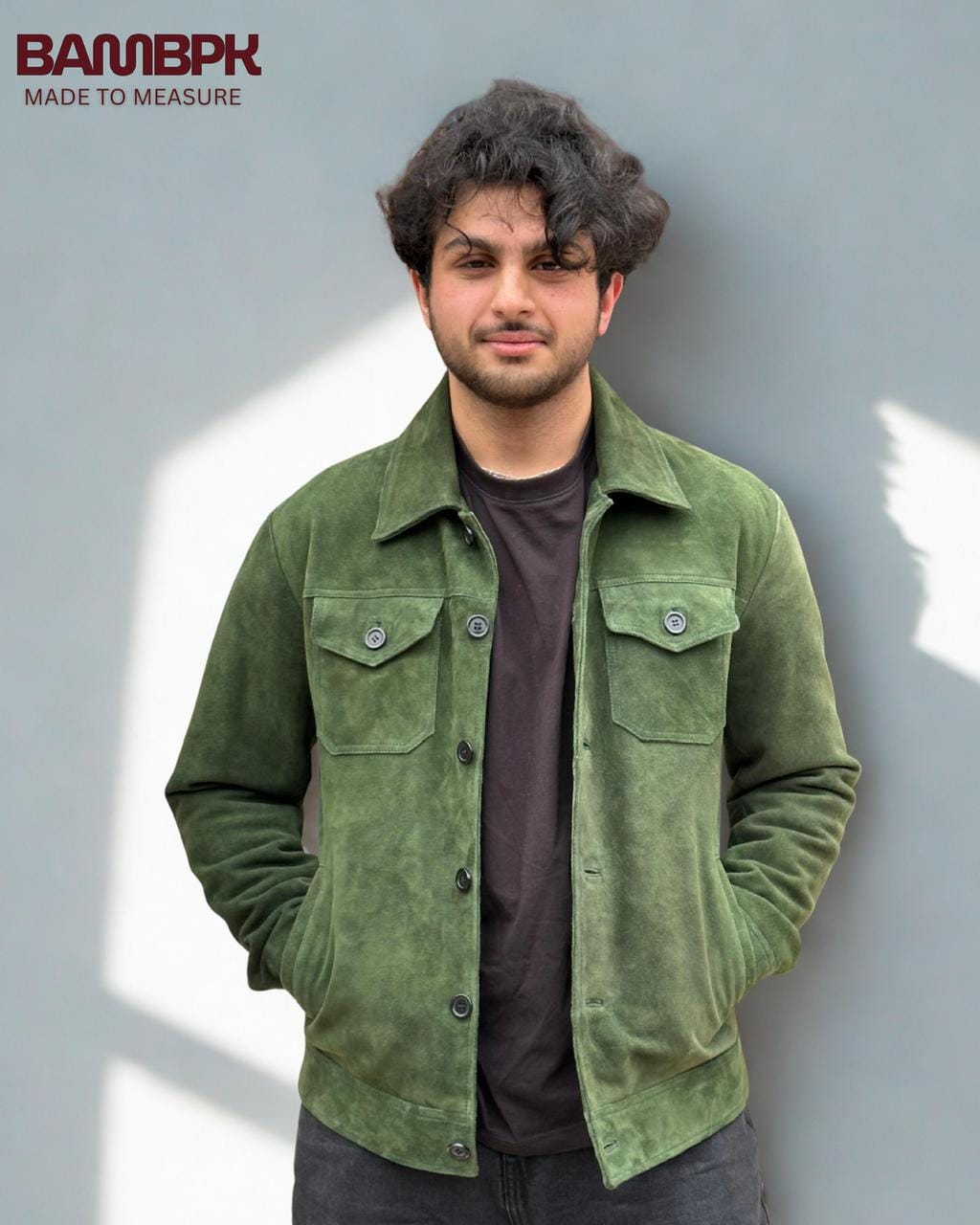 Men's Olive Green Suede Trucker Jacket | Made-to-Measure