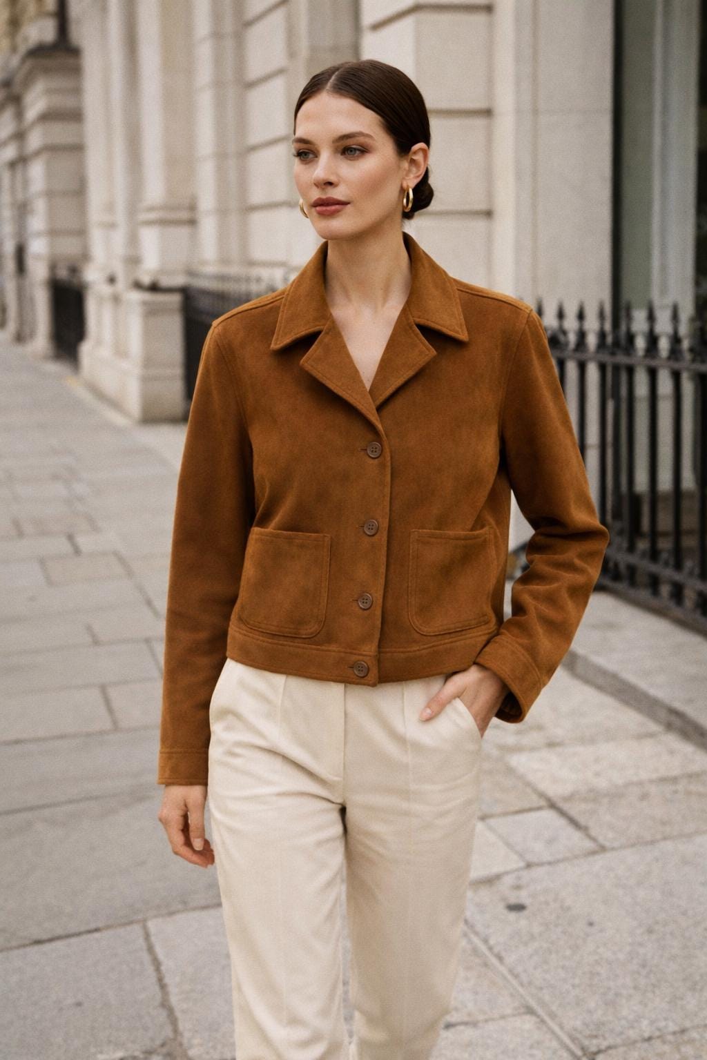Women’s Camel Suede Jacket – Chic Cropped Leather Blazer Style