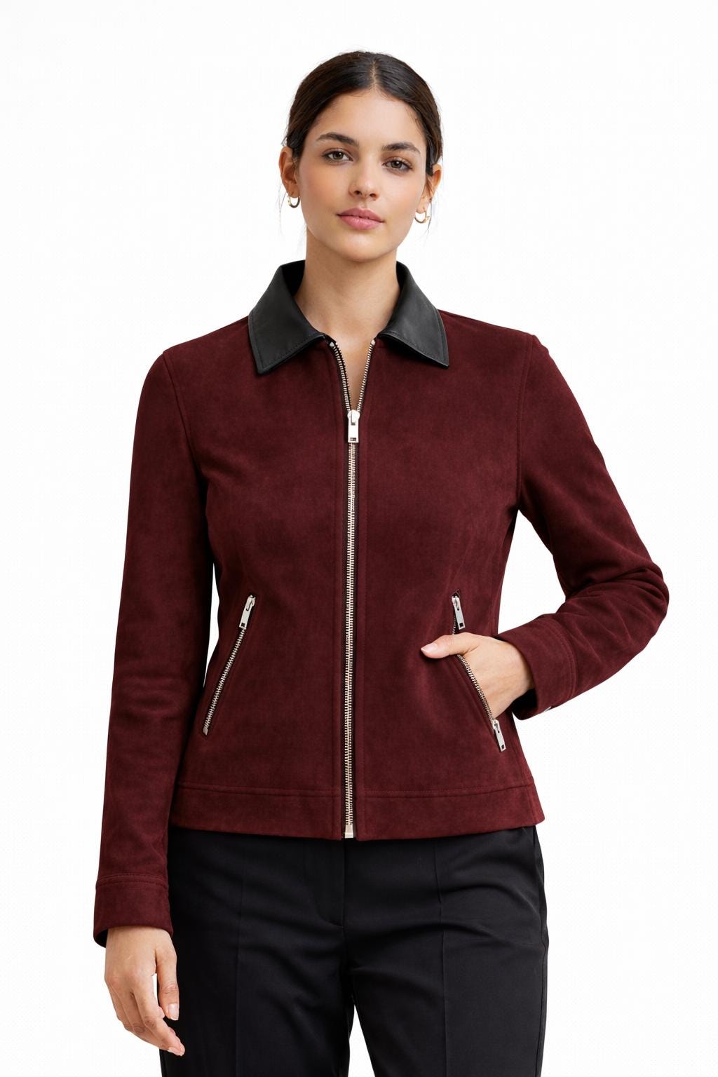 Burgundy Suede Racer Jacket | Fitted Women's Leather Jacket