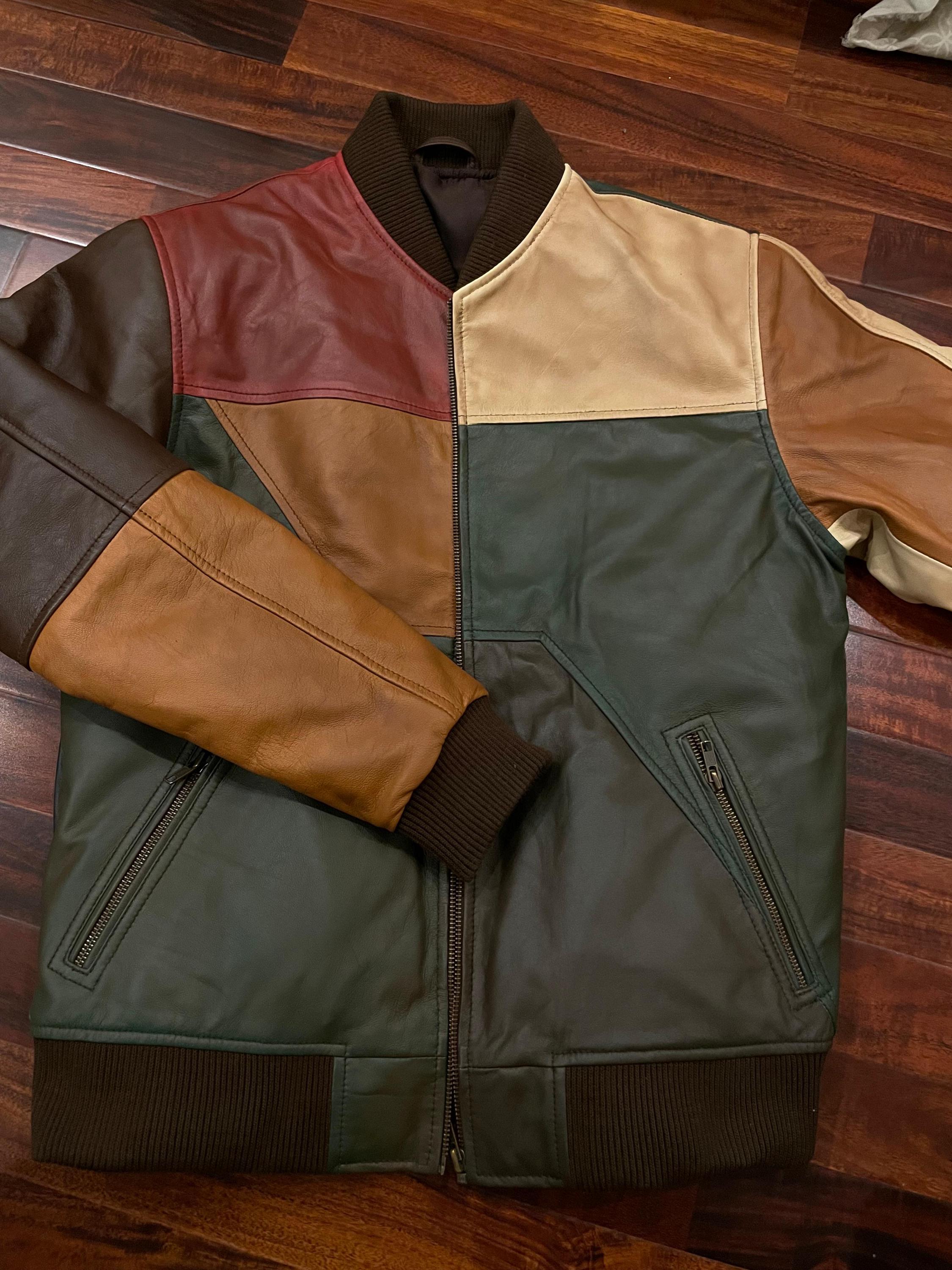 Handmade Patchwork Leather Bomber Jacket: Vintage Style Retro Outerwear