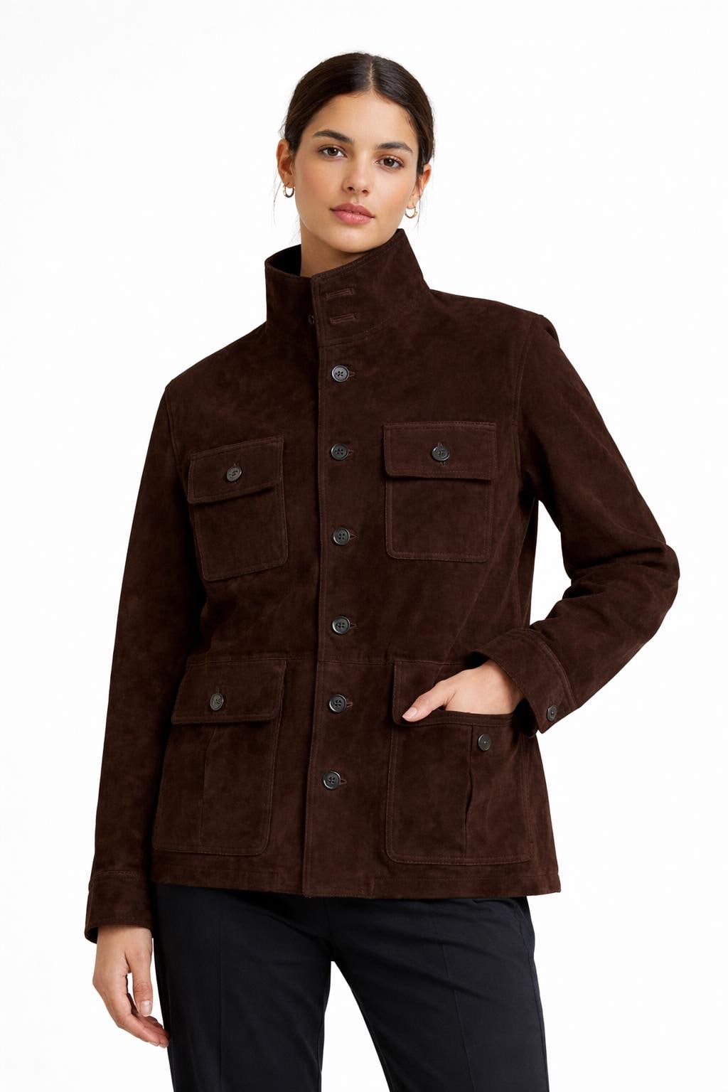 Handmade Dark Brown Suede Field Jacket | Women's Leather Utility Coat