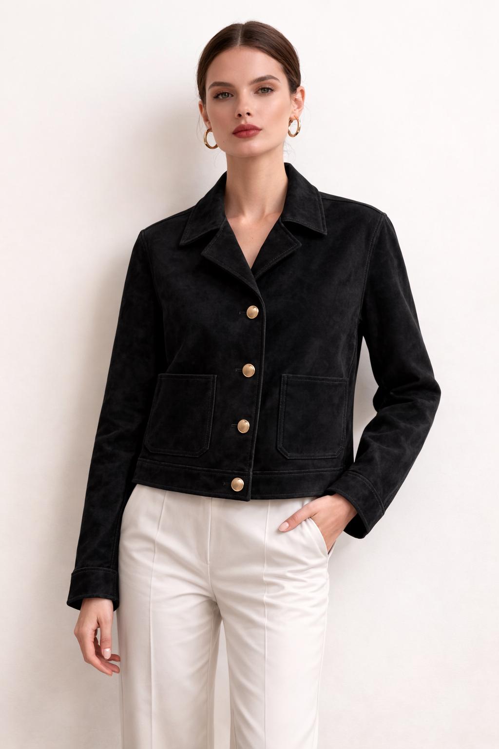 Black Suede Jacket for Women | Gold Button Leather Jacket | Modern Classic