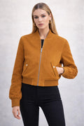 Women’s Mustard Suede Bomber Jacket – Chic Cropped Zip-Up Style