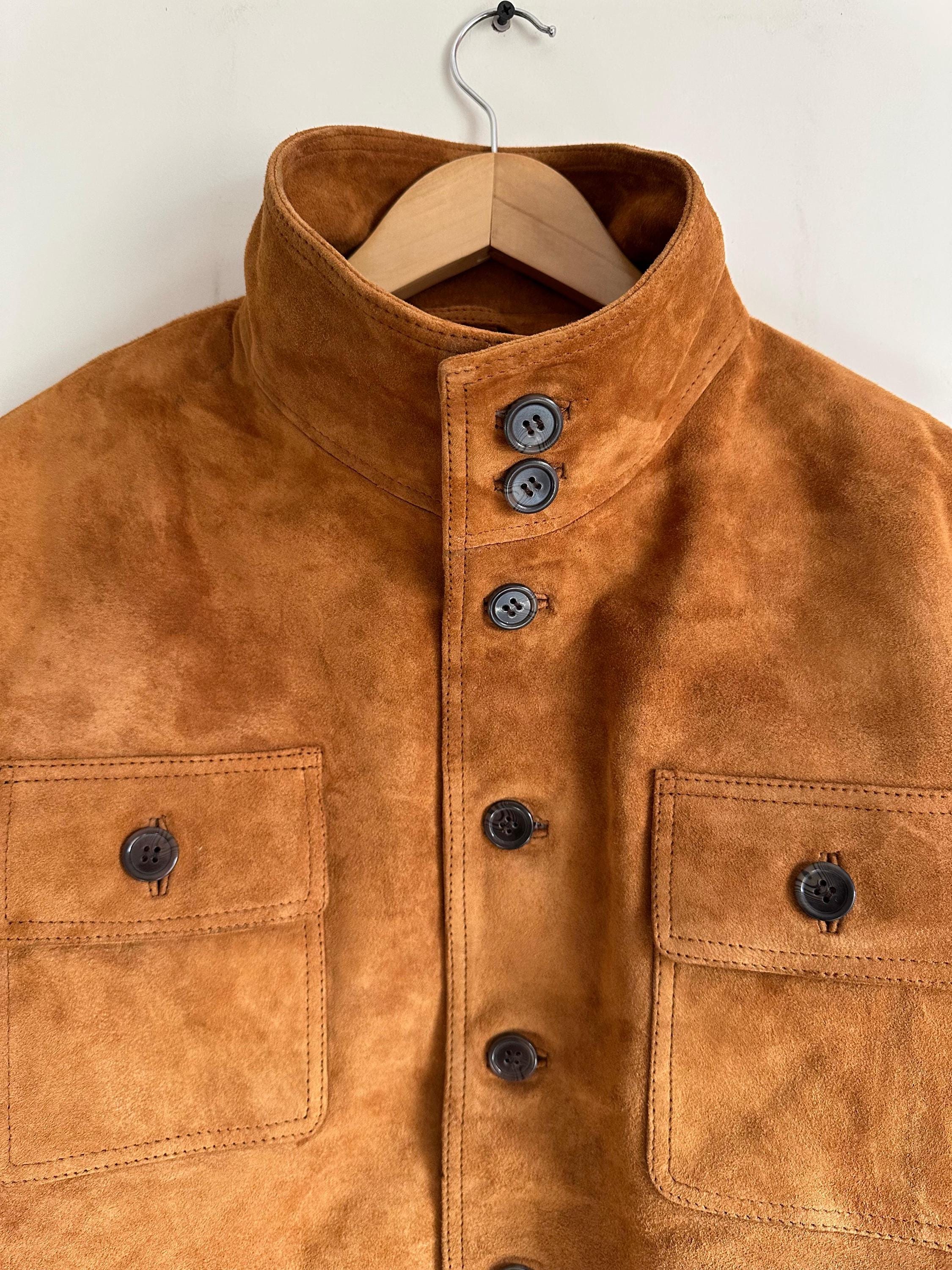 Men Tan Suede Field Jacket with Stand Collar