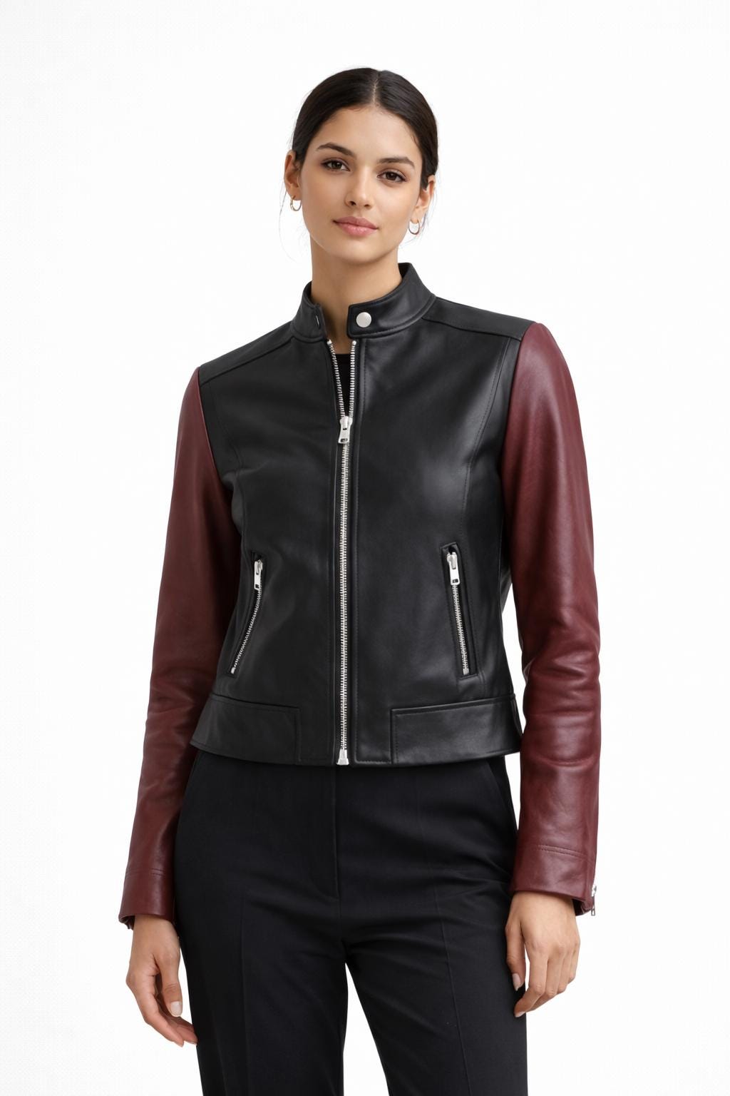Black & Burgundy Leather Racer Jacket | Women's Slim Fit Biker Coat