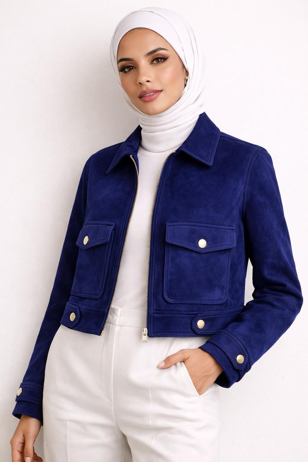 Midnight Blue Suede Cropped Jacket – Women's Designer Leather Coat