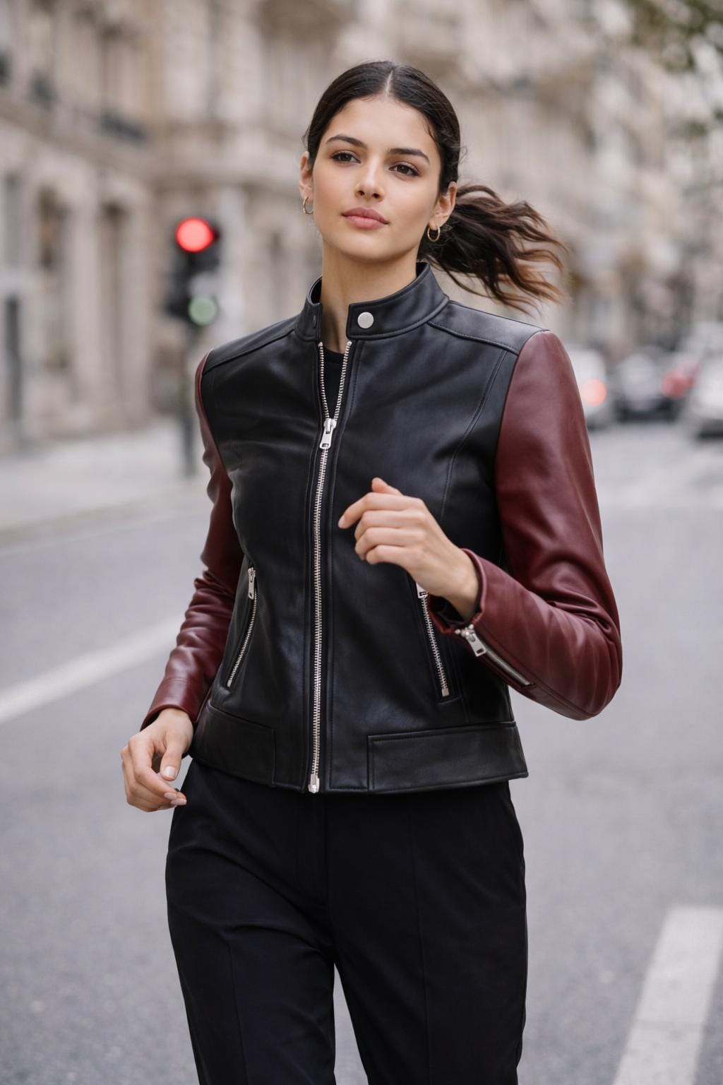 Black & Burgundy Leather Racer Jacket | Women's Slim Fit Biker Coat