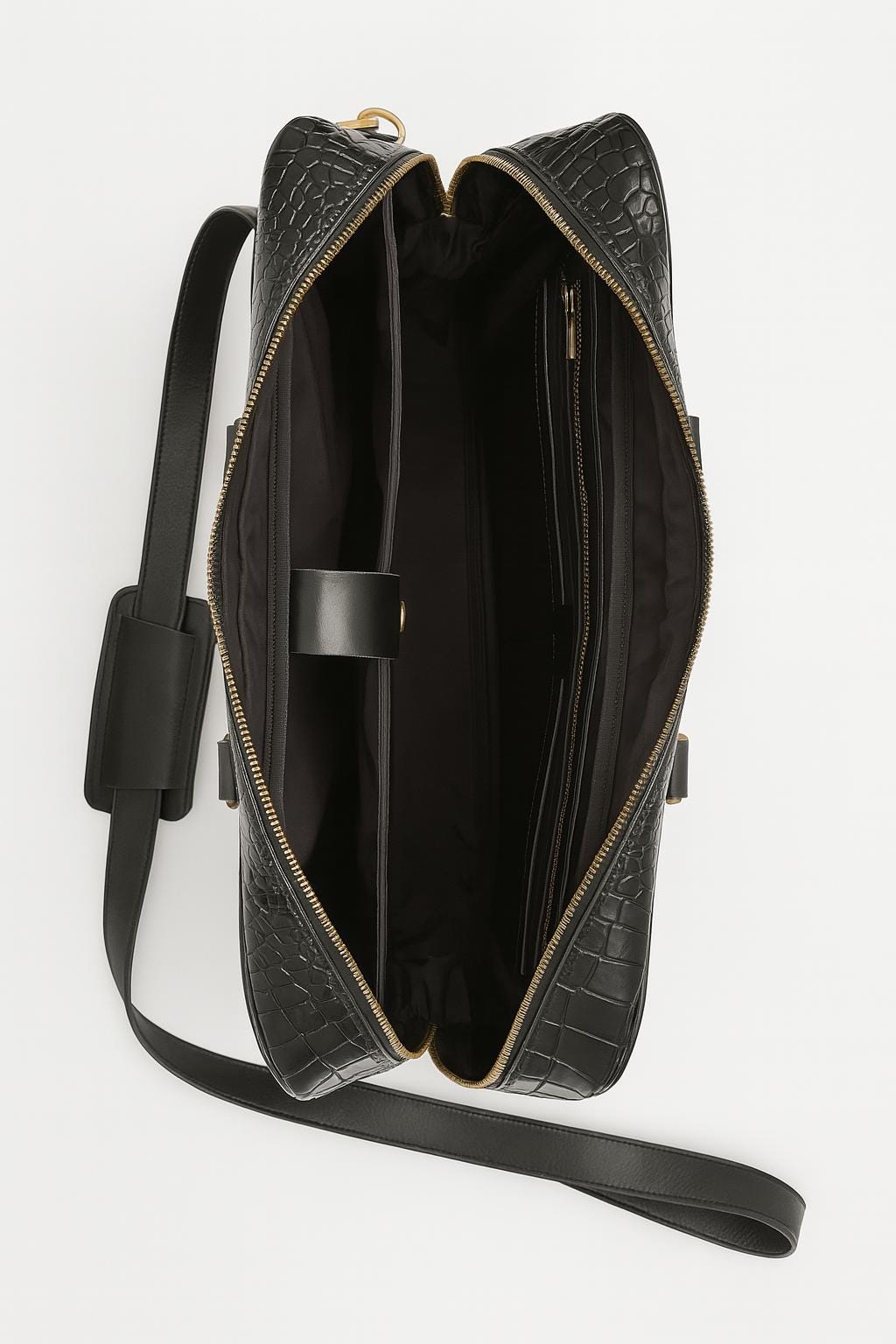 Black Crocodile-Embossed Leather Laptop Bag: Sleek Briefcase
