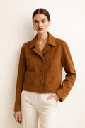 Women’s Camel Suede Jacket – Chic Cropped Leather Blazer Style