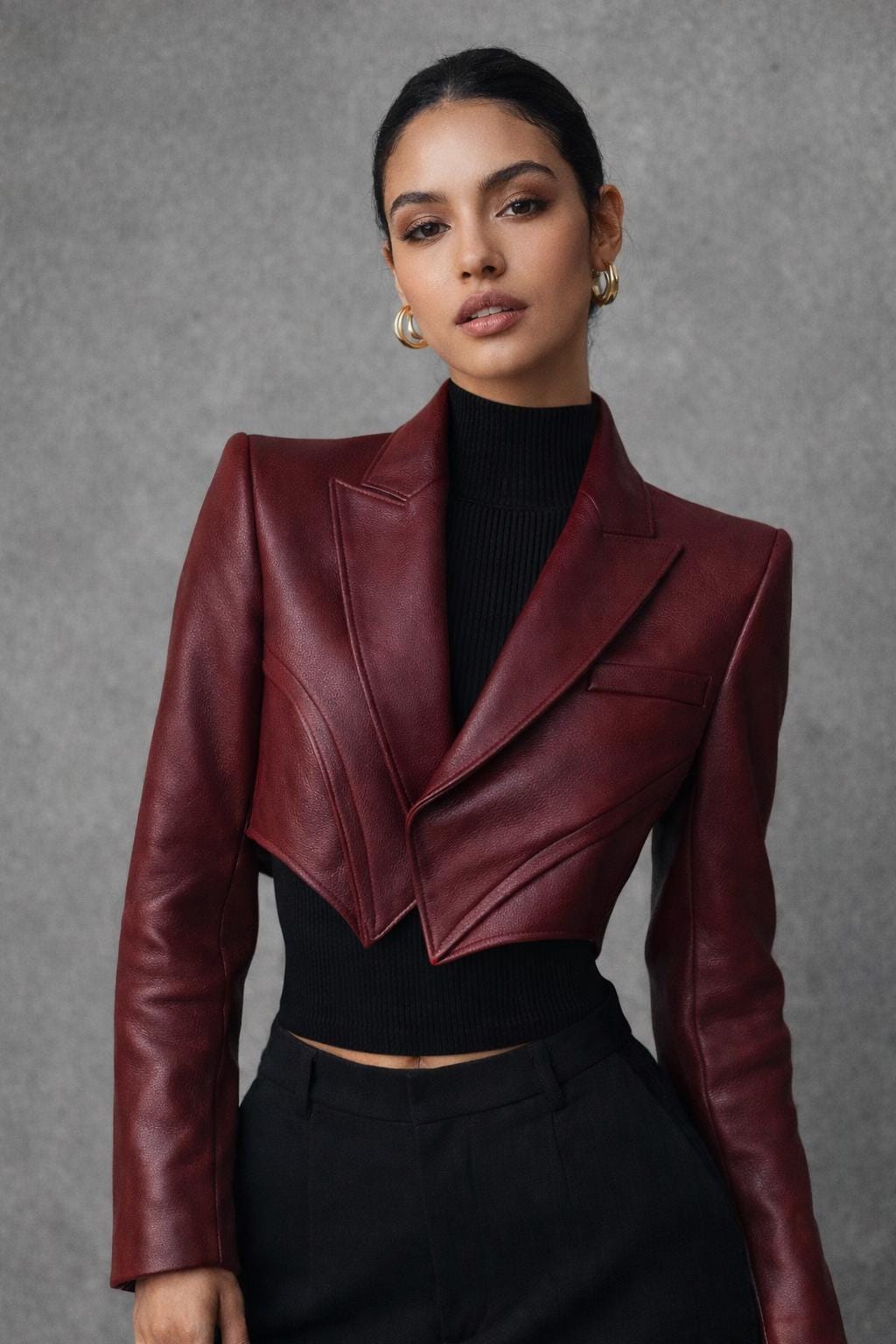 Burgundy Cropped Sheep Leather Blazer Jacket for Women