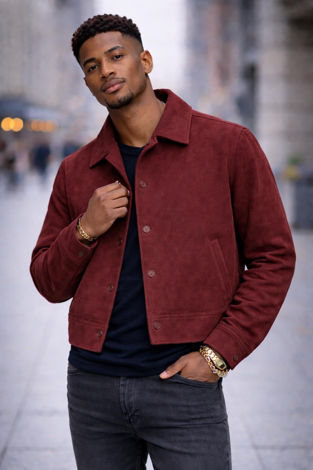 Confident Style in Burgundy: Suede Jacket