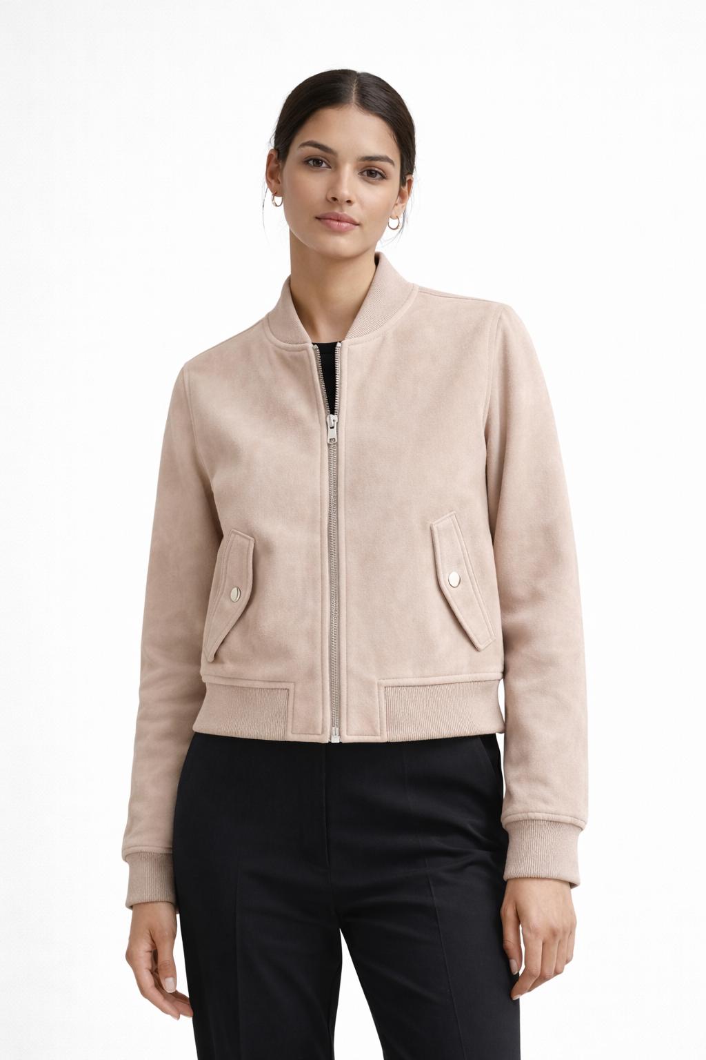 Handmade Women's Suede Bomber Jacket | Minimalist Beige Leather