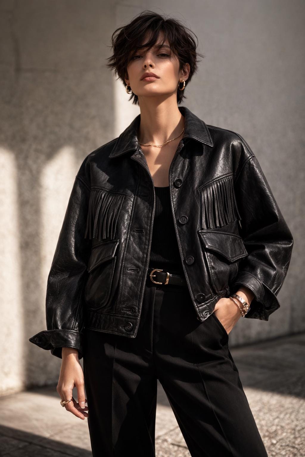 Black Fringe Leather Jacket | Women's Genuine Leather Street Style
