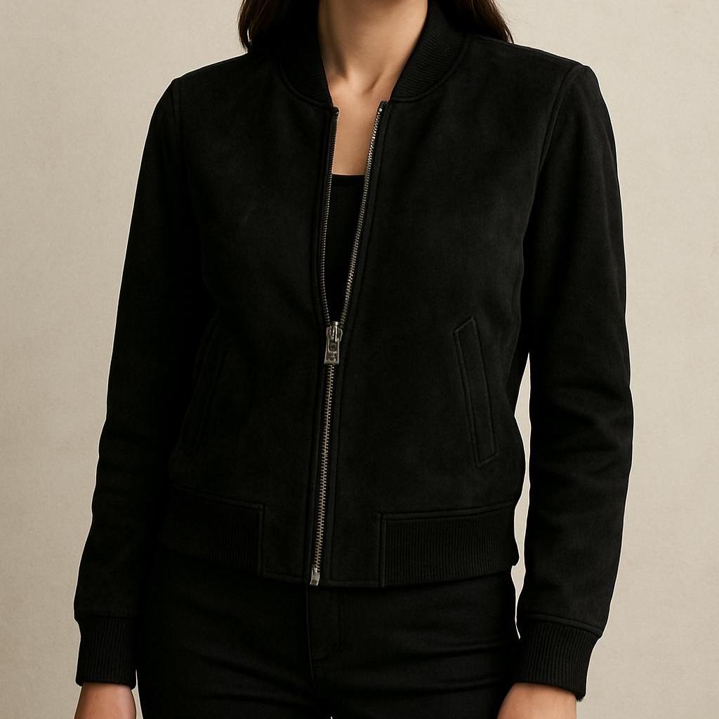Women's Black Nubuck Bomber Jacket – Elegant Everyday Outerwear