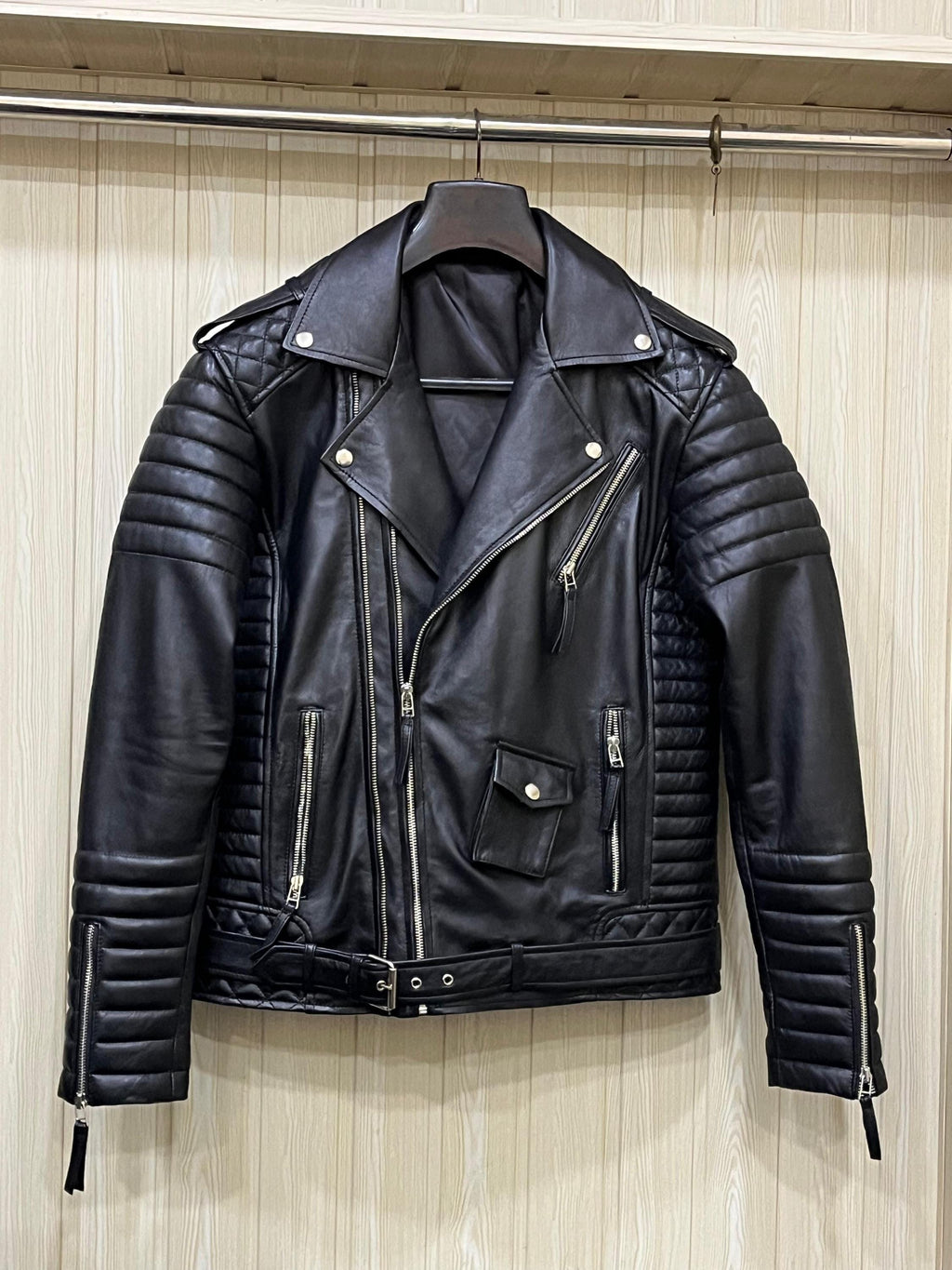 Men's Black Genuine Leather Biker Jacket: Quilted Motorcycle Coat