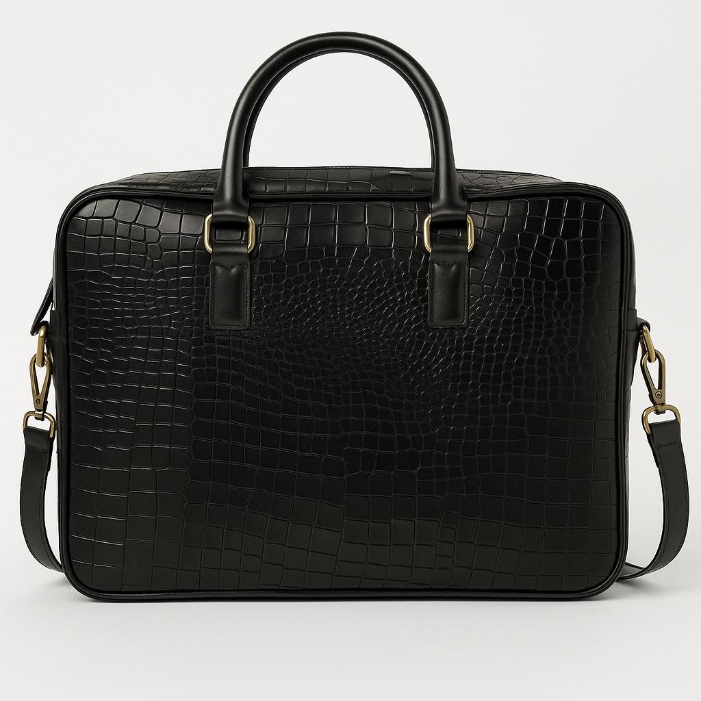 Black Crocodile-Embossed Leather Laptop Bag: Sleek Briefcase