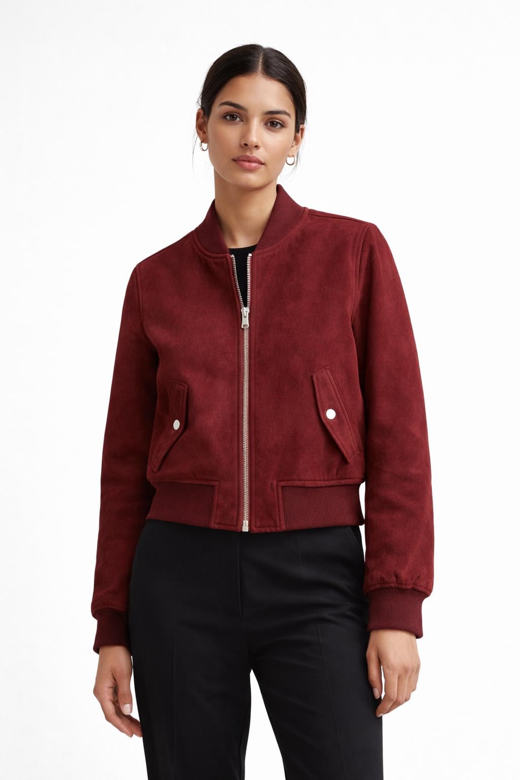 Women’s Burgundy Suede Bomber Jacket – Classic Zip-Up Leather Jacket