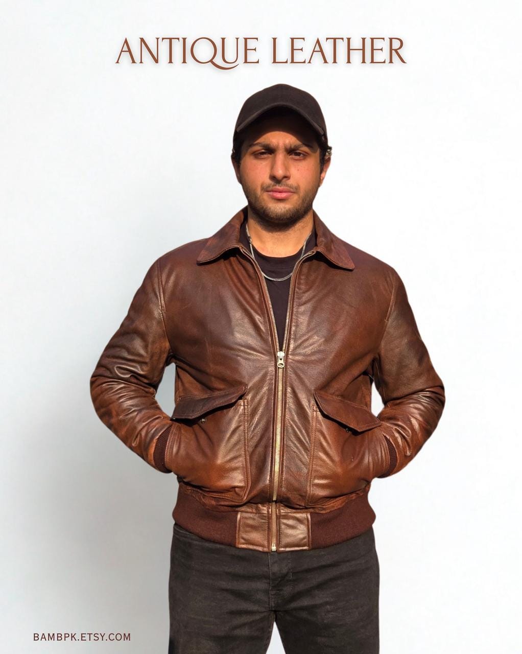 Men's Antique Brown Leather Bomber Jacket: Handmade Vintage Flight Jacket