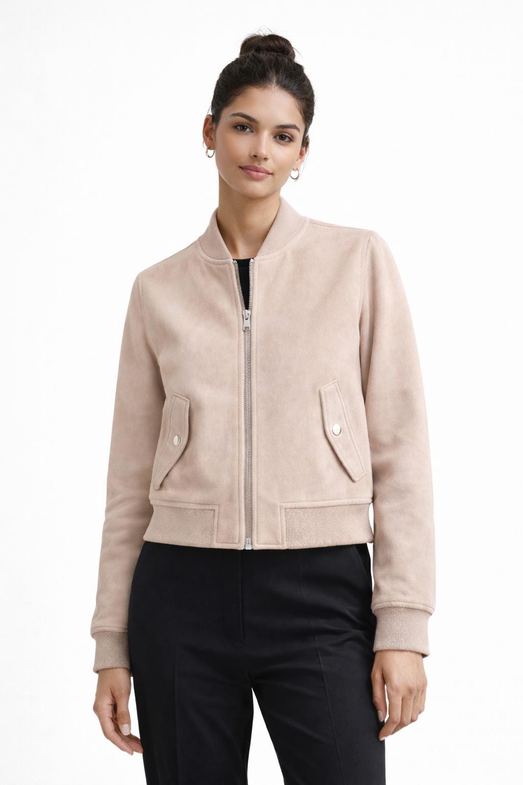 Handmade Women's Suede Bomber Jacket | Minimalist Beige Leather