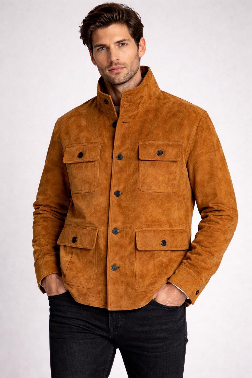 Men Tan Suede Field Jacket with Stand Collar